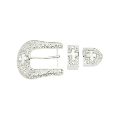 western rhinestone belt buckle with cross 3 piece set 1 CRORHI40SLVPET USD25