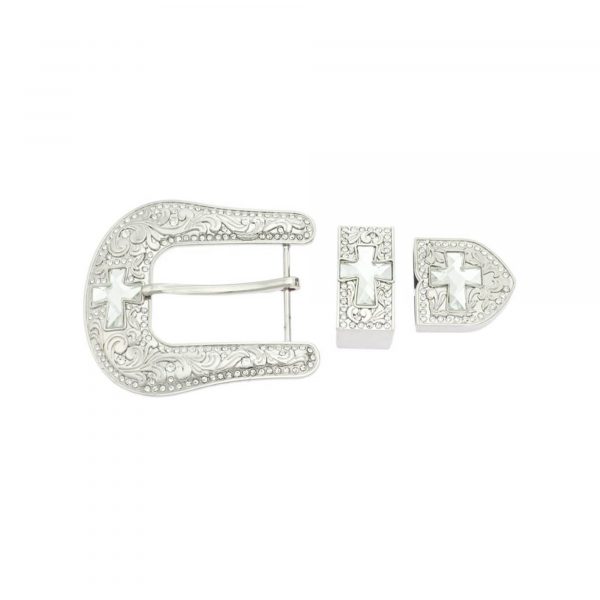 western rhinestone belt buckle with cross 3 piece set 1 CRORHI40SLVPET USD25