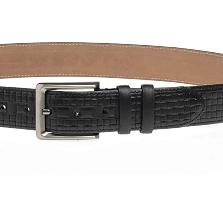 embossed check leather belt black mens 2