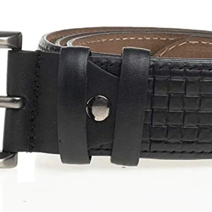 embossed check leather belt black mens 3
