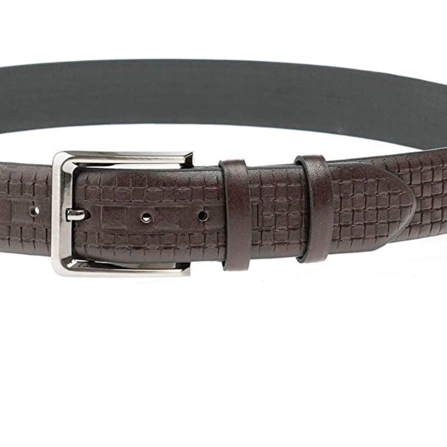 embossed check leather belt dark brown mens 2