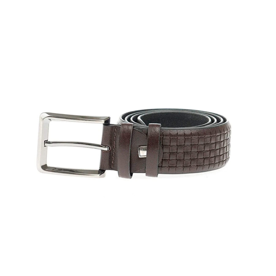 embossed check leather belt dark brown mens 4