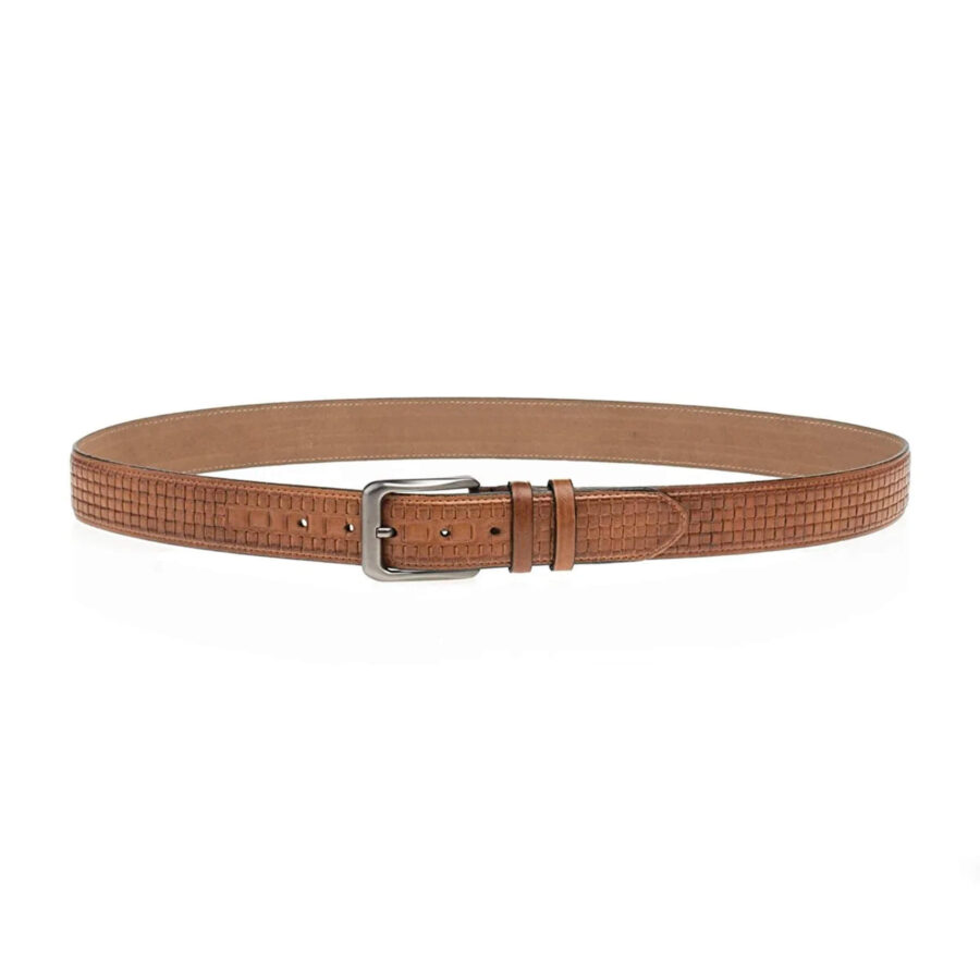 embossed check leather belt tan mens 1 CHETAN35EMBSLY