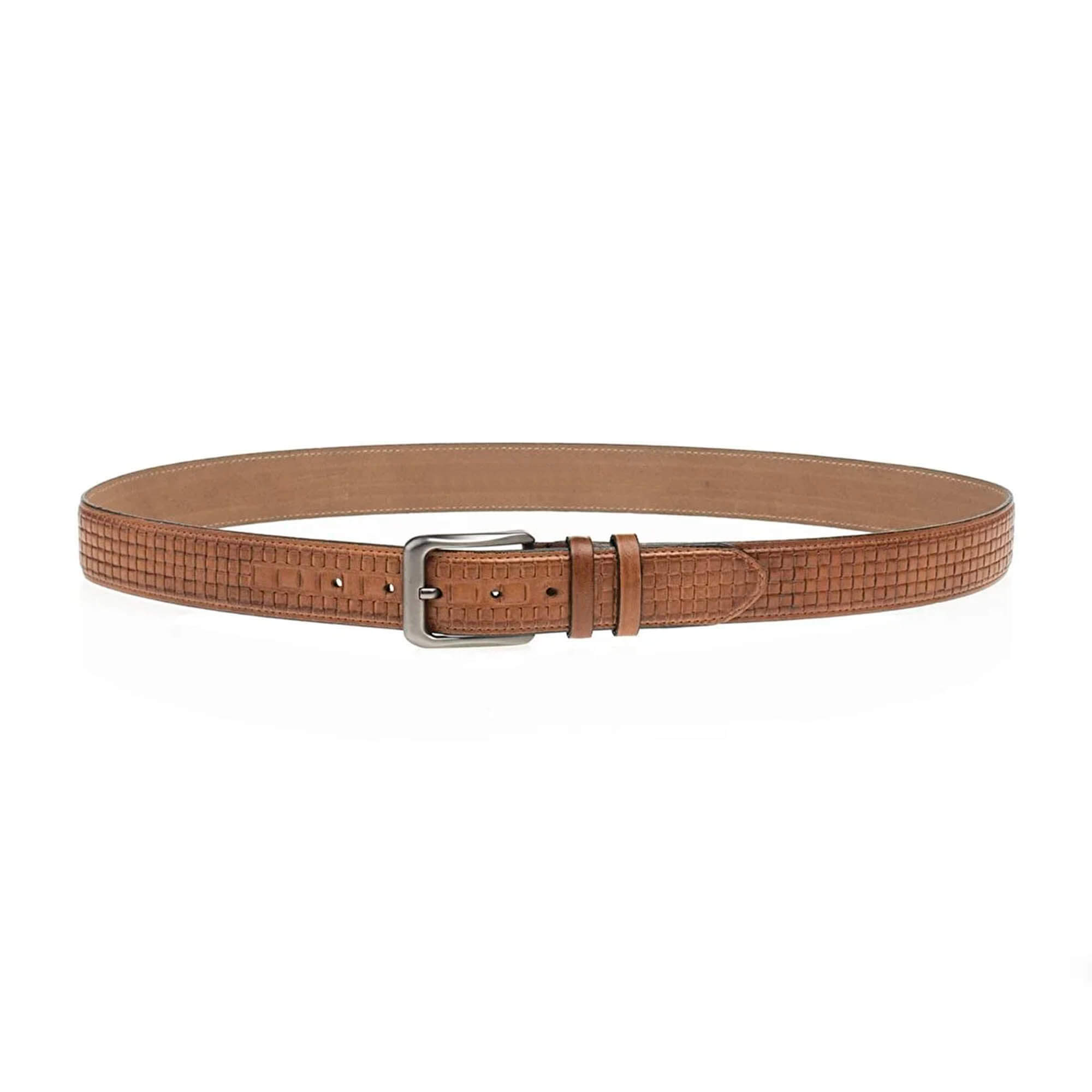 embossed check leather belt tan mens 1 CHETAN35EMBSLY