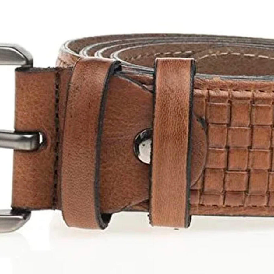embossed check leather belt tan mens 3