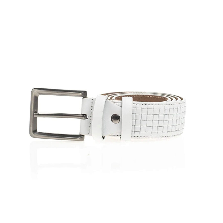embossed check leather belt white mens 4