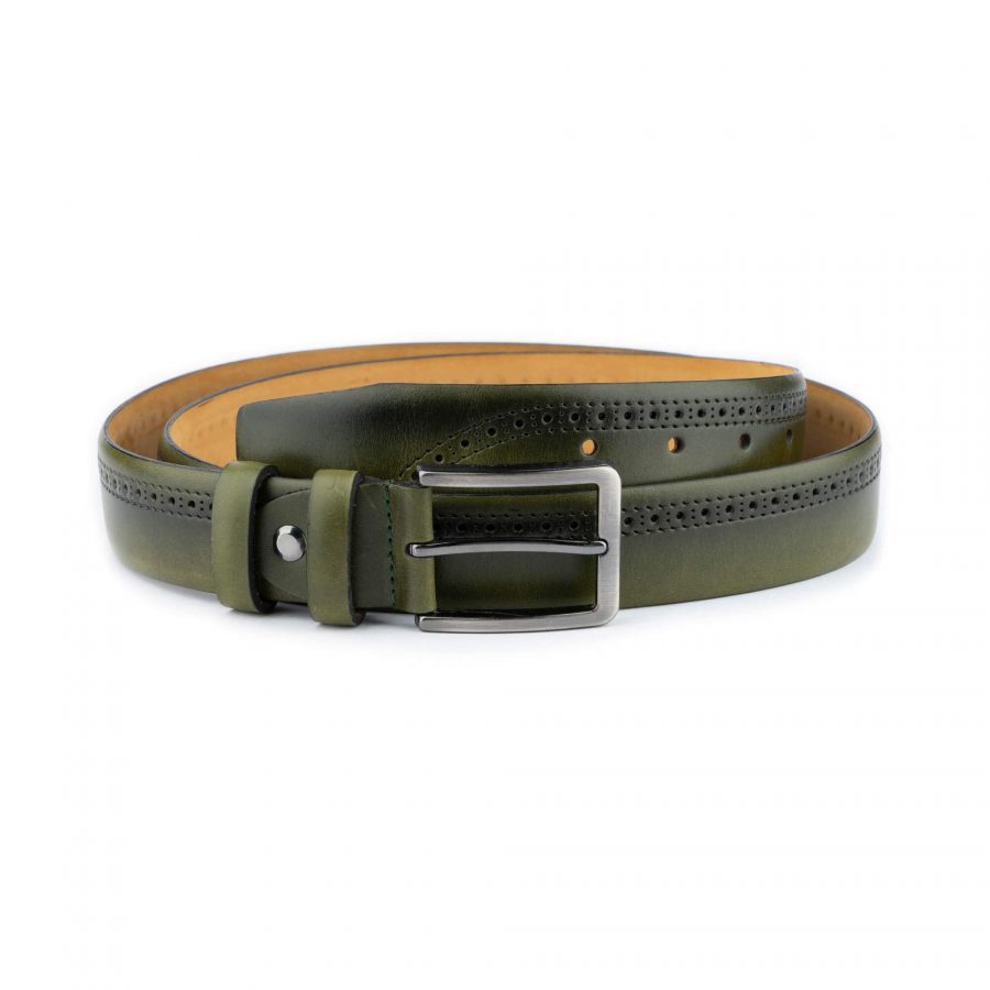 green leather mens luxury belt with perforated strap 1 28 40 usd85 OLIGRE35PEFMDS