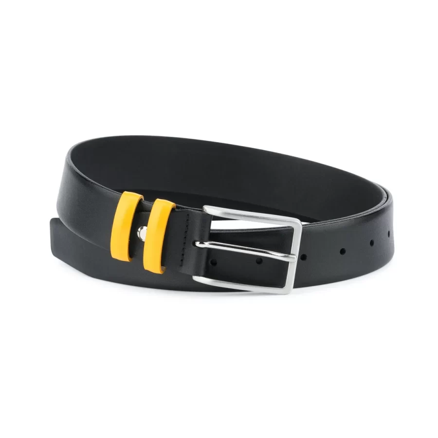 Mens Black Leather Belt With Yellow Loops 3 5 Cm 1