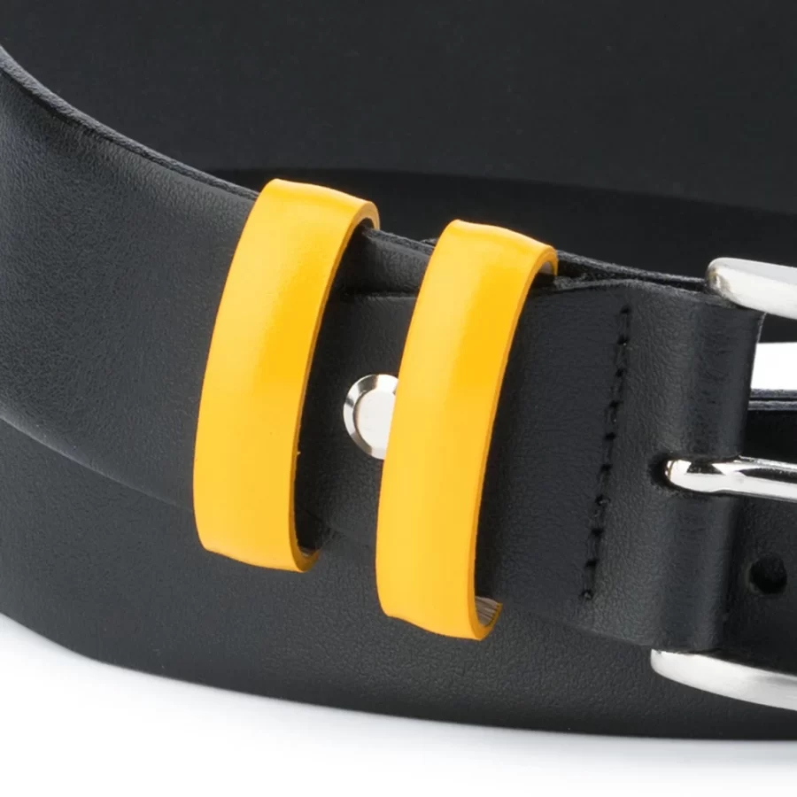 Mens Black Leather Belt With Yellow Loops 3 5 Cm 3