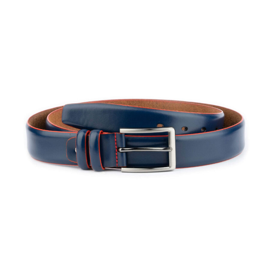 casual mens blue leather belt with red edges 1 BLURED3503EDGAML