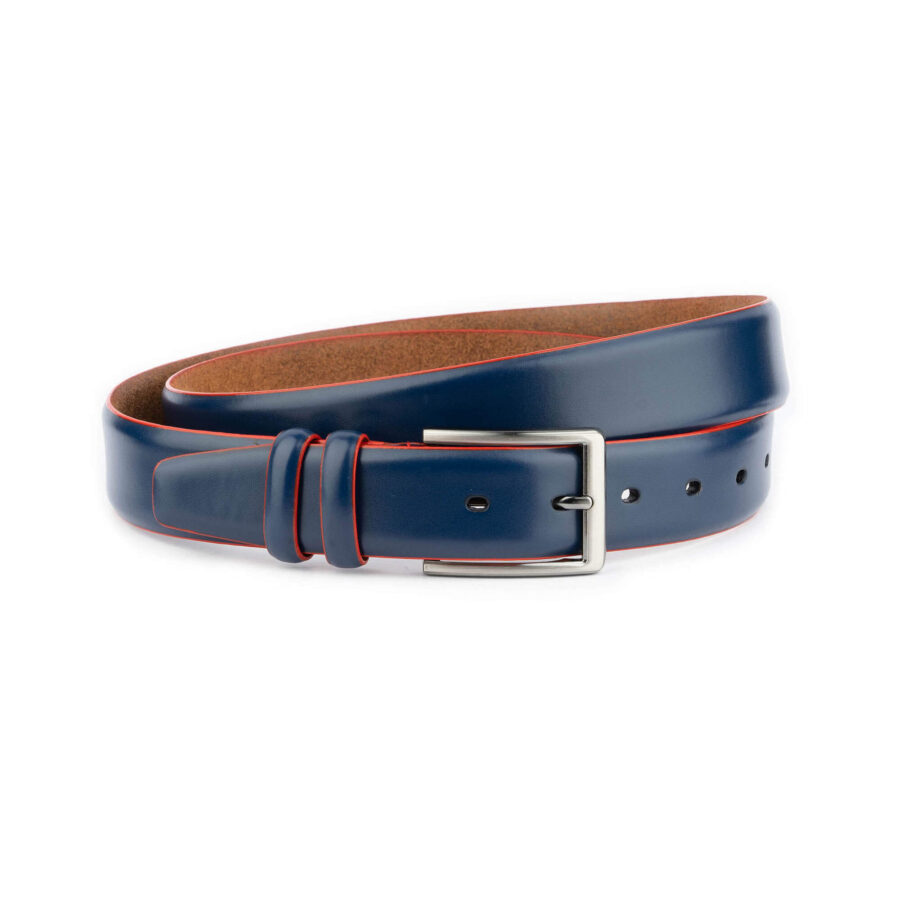 casual mens blue leather belt with red edges 2