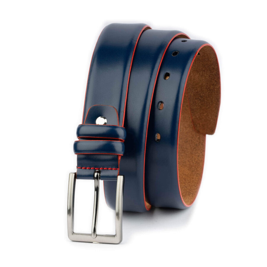 casual mens blue leather belt with red edges 3