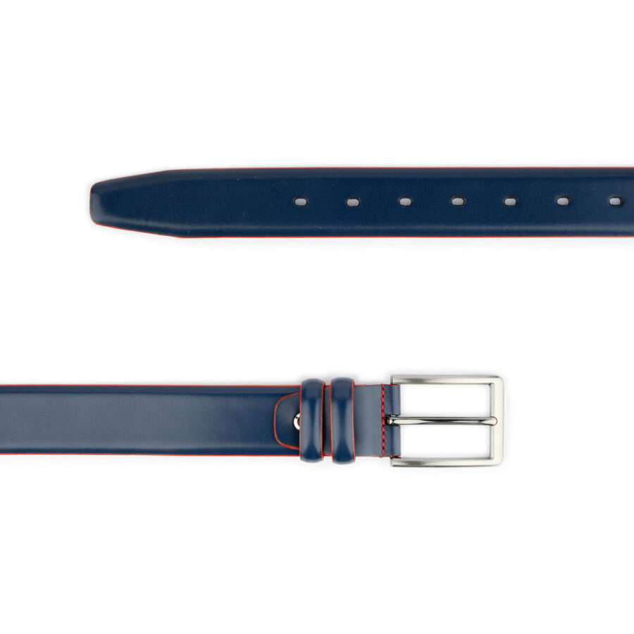 casual mens blue leather belt with red edges 4