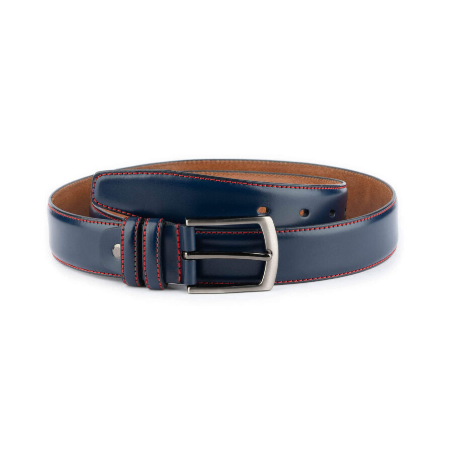 stylish mens blue leather belt with red stitching 1 BLURED3508STIAML