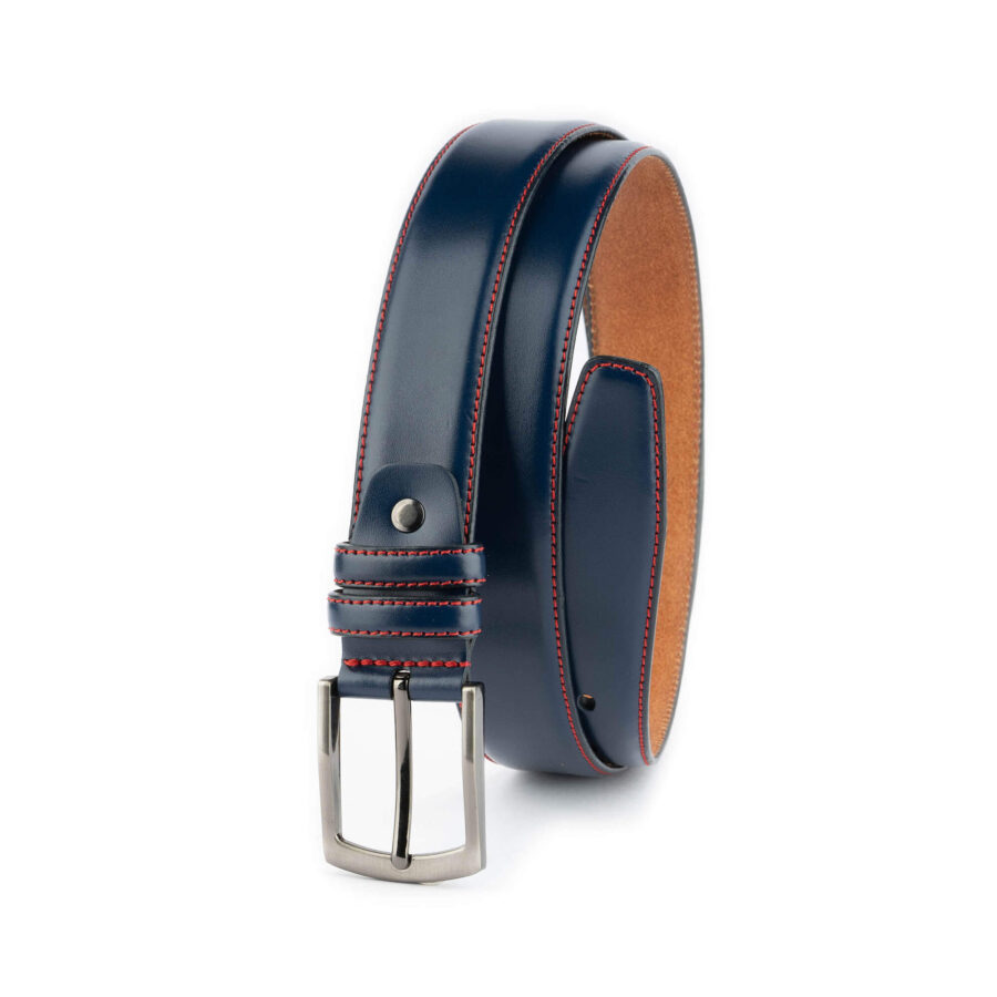 stylish mens blue leather belt with red stitching 4