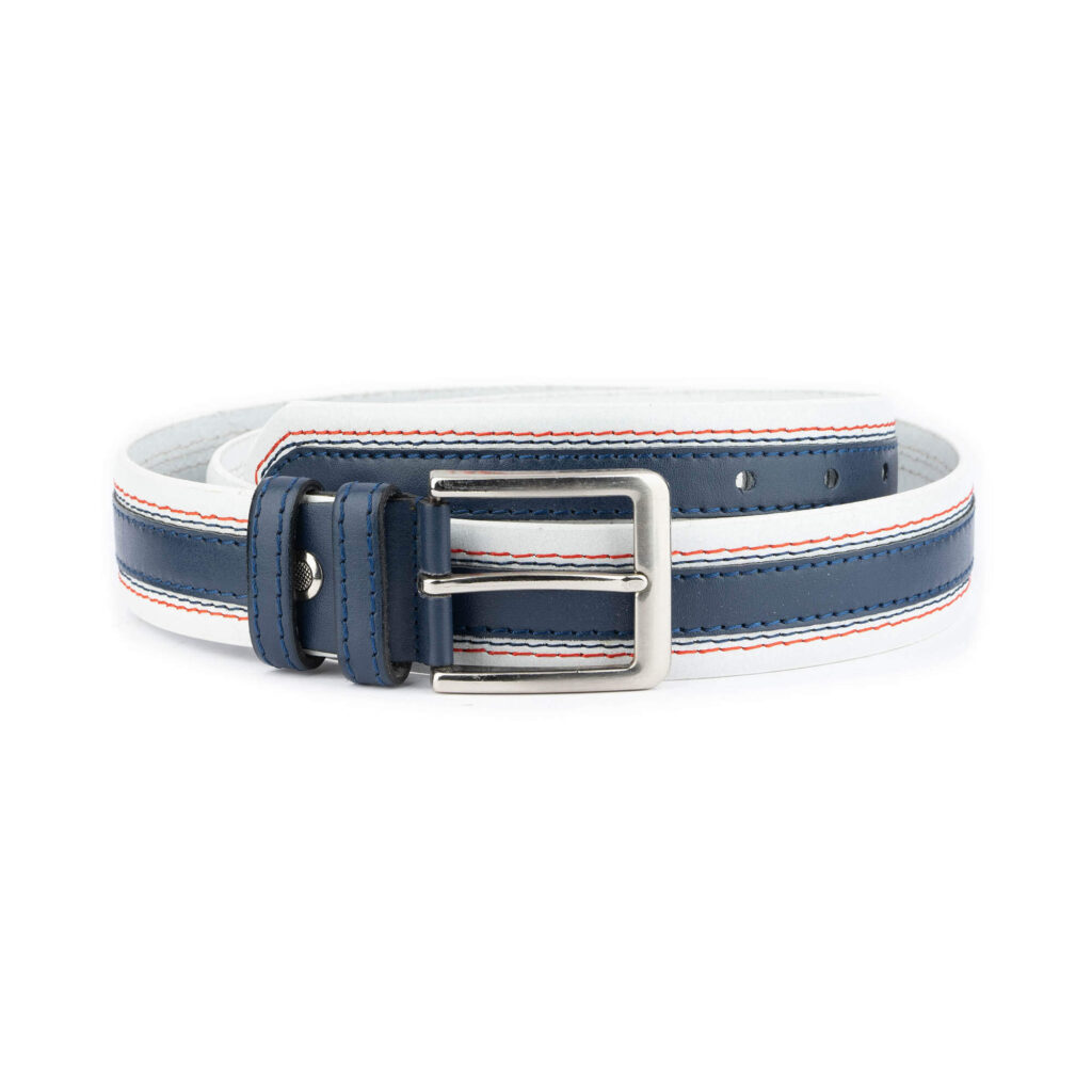 White Blue Stripe Mens Leather Belt For Jeans 30" / 75 cm - Blue/White
