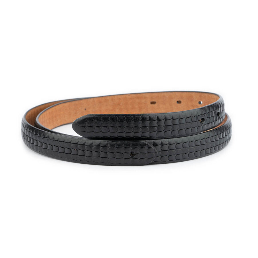 black embossed belt strap thin leather with pre made hole 1 BLAEMB2041HOLAML