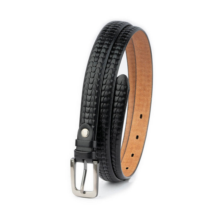 black embossed thin leather belt unique design 2041 3