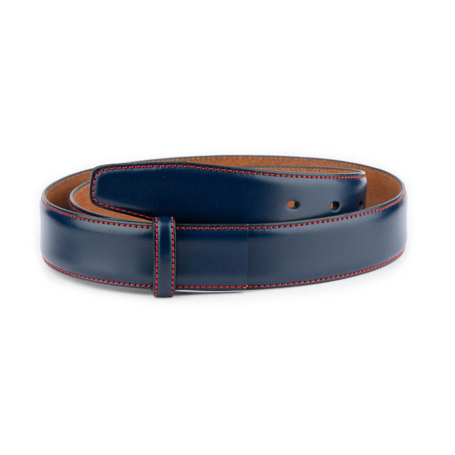 blue leather strap for belt with red stitching 1 BLURED3508CUTAML