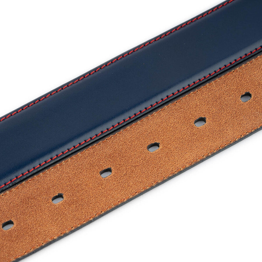 blue leather strap for belt with red stitching 3