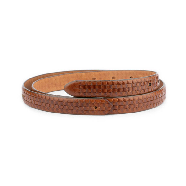 cognac embossed belt strap thin leather with pre made hole 1 COGEMB2044HOLAML