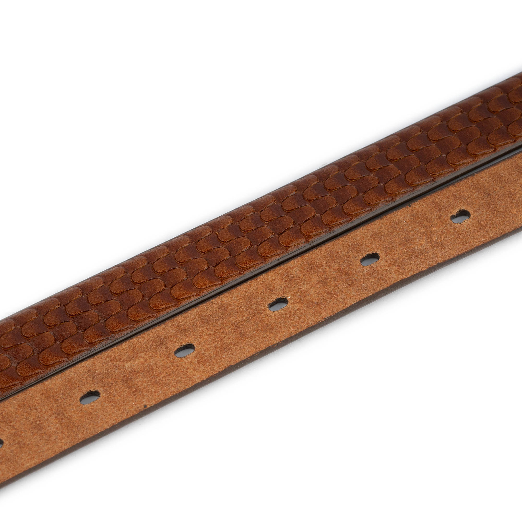 Men's Cognac Embossed Belt Strap Thin Leather with Pre-Made Hole 30 / 75 cm - Brown
