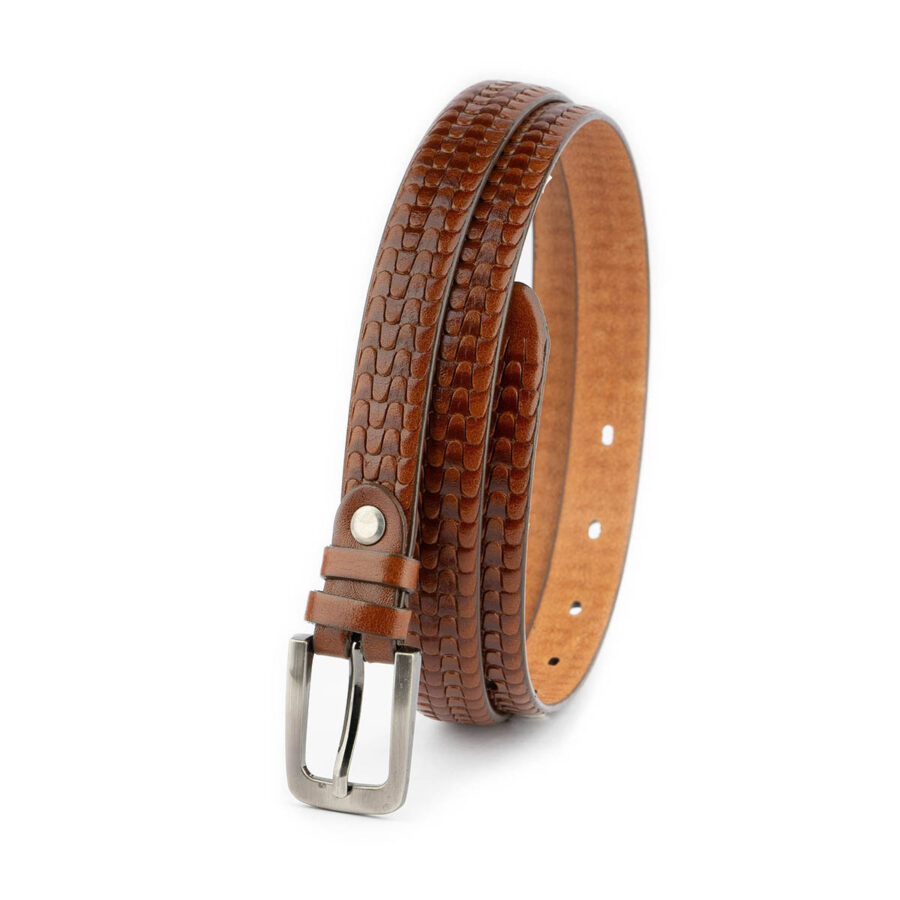 cognac embossed thin leather belt unique design 2044 3