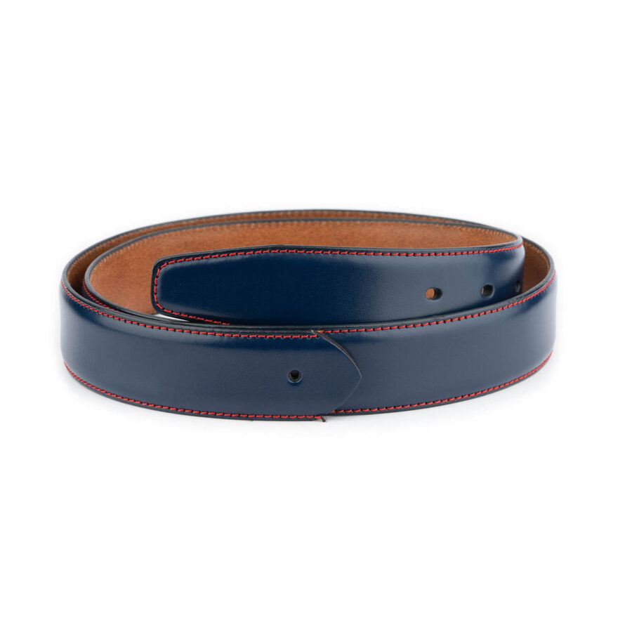 dark blue leather strap for belt with red stitching 1 BLURED3508HOLAML