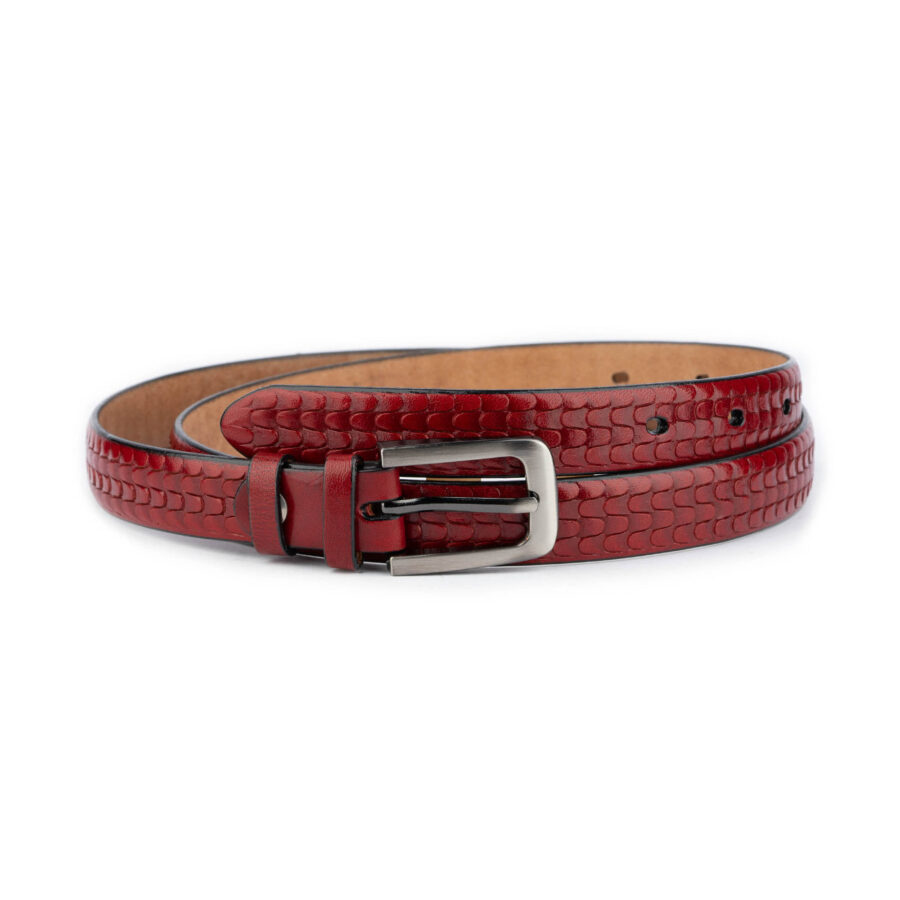 dark red embossed thin leather belt unique design 1 REDEMB2042DRKAML