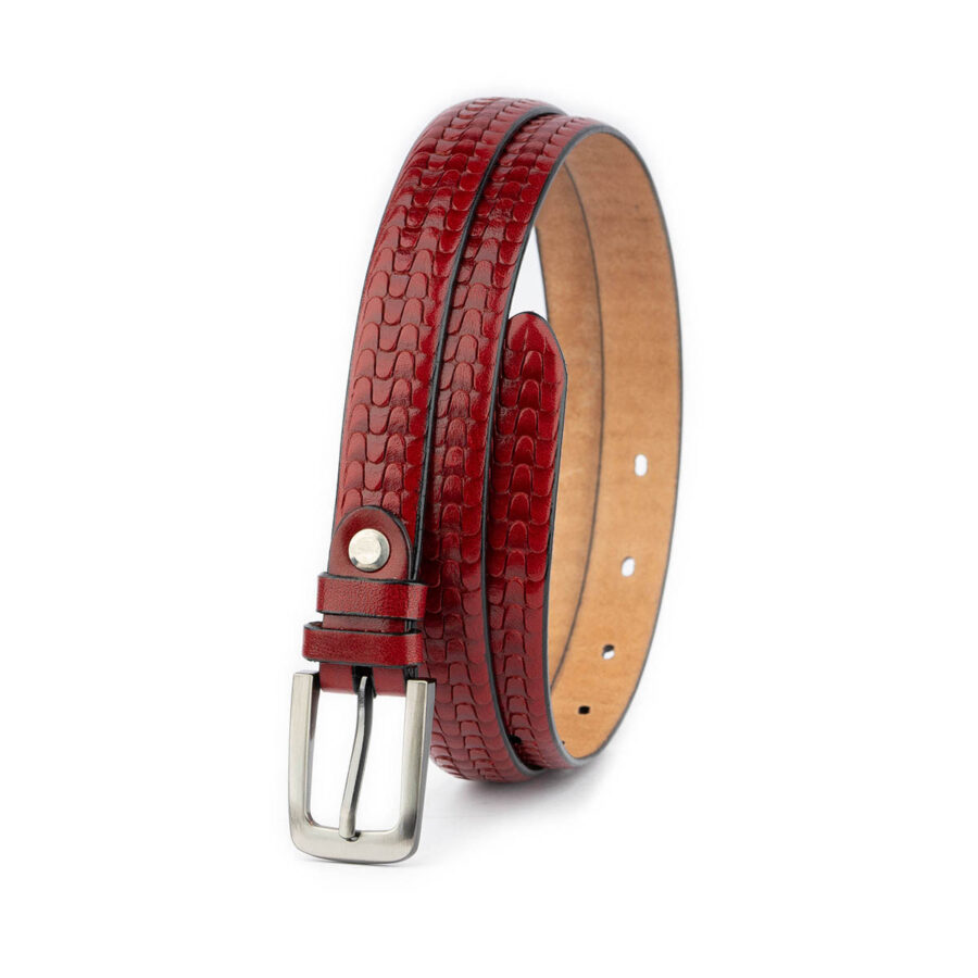 dark red embossed thin leather belt unique design 2042 3