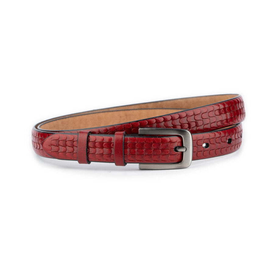 dark red embossed thin leather belt unique design 2042 5