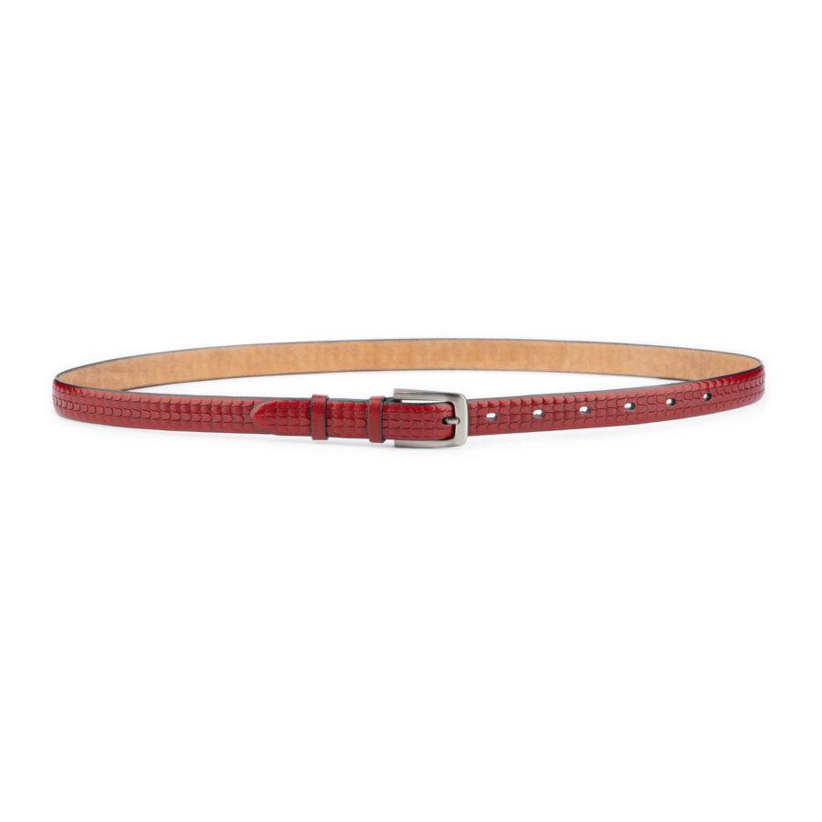 dark red embossed thin leather belt unique design 2042 6