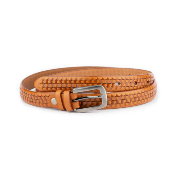 tan embossed thin leather belt unique design 1 TANEMB2043BROAML 1