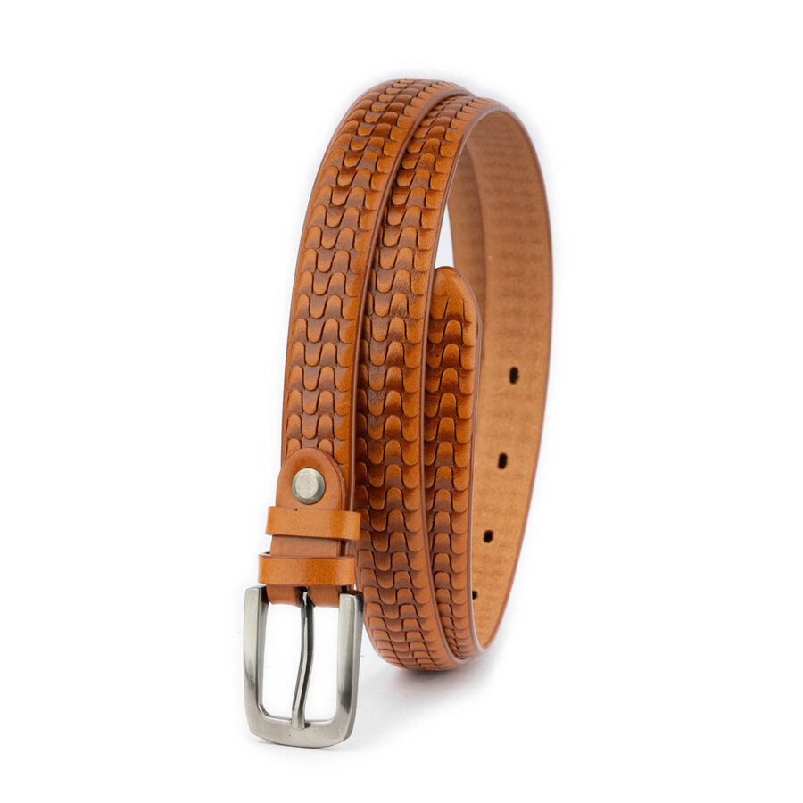 tan embossed thin leather belt unique design 2043 3