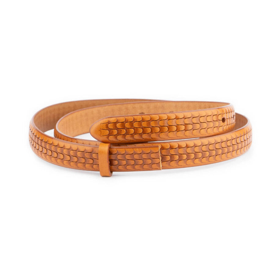 tan thin belt strap replacement embossed leather 1 TANEMB2043CUTAML