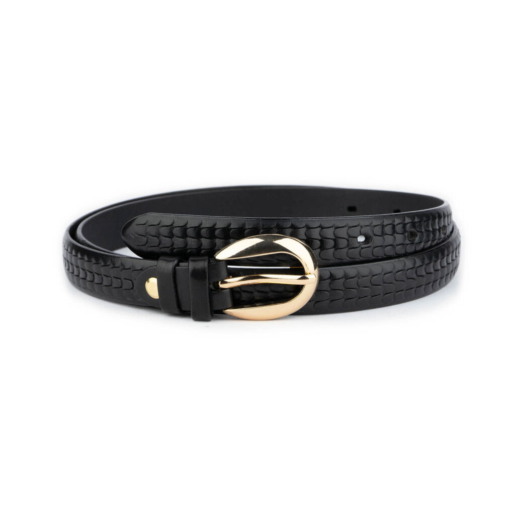 Buy Thin Black Belt With Gold Buckle Embossed Calfskin ...