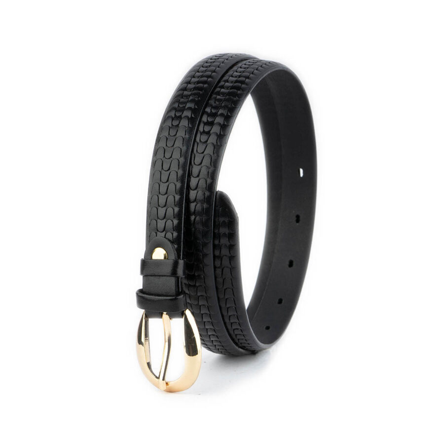 thin black belt with gold buckle embossed calfskin 2040 2