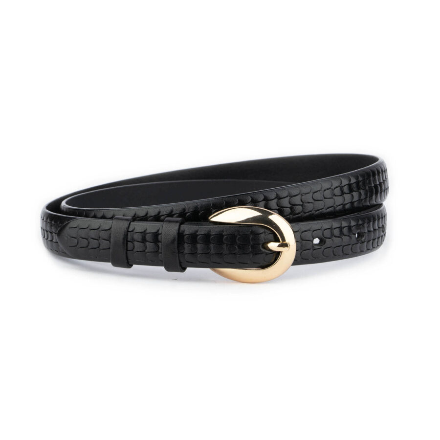 thin black belt with gold buckle embossed calfskin 2040 3