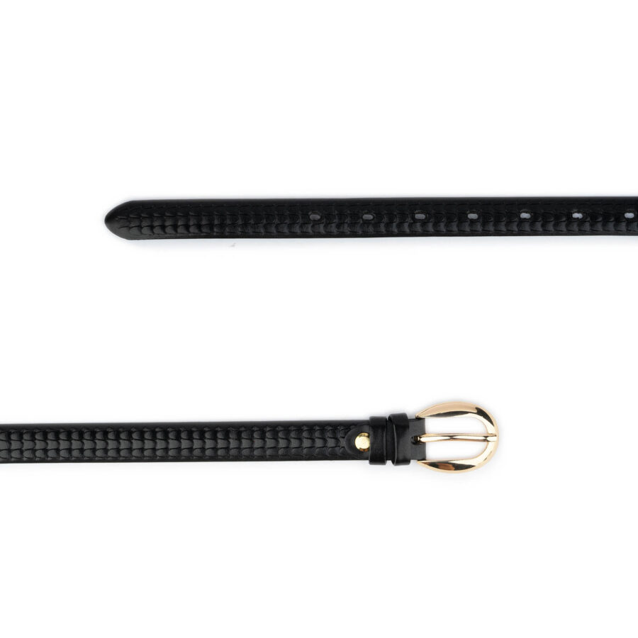 thin black belt with gold buckle embossed calfskin 2040 4