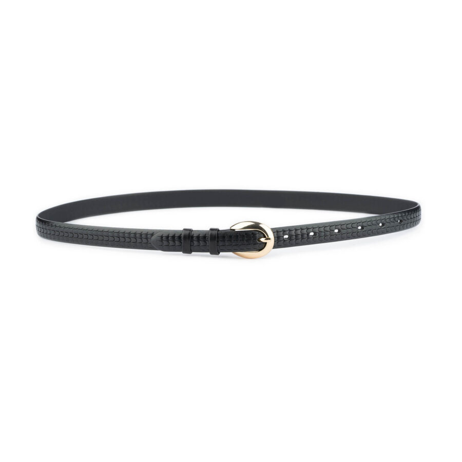 thin black belt with gold buckle embossed calfskin 2040 6