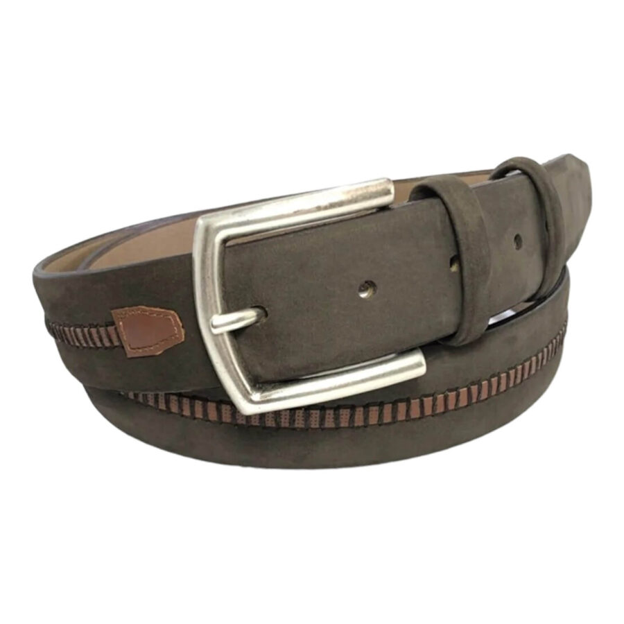 unique olive green suede leather belt brown stripe 77854511 3