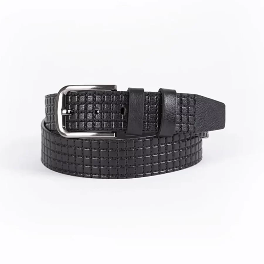 Black Mens Belt Casual Check Emboss Leather ST01392 1