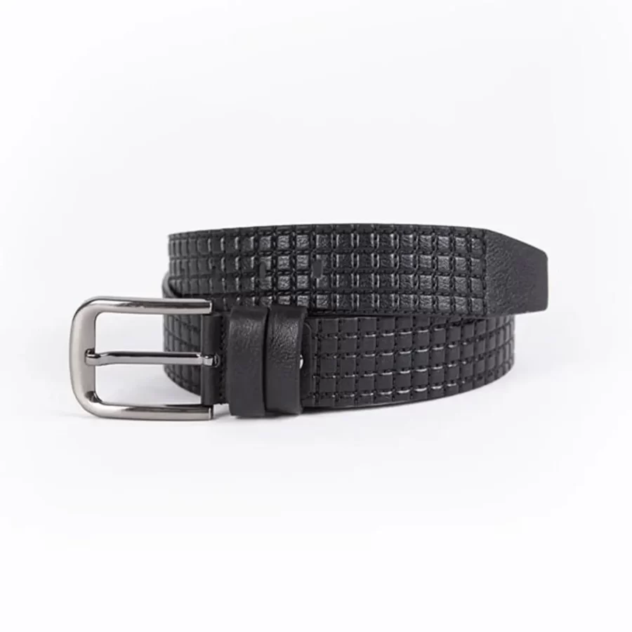 Black Mens Belt Casual Check Emboss Leather ST01392 2
