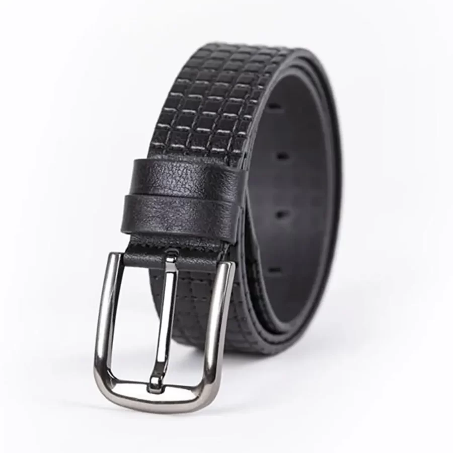 Black Mens Belt Casual Check Emboss Leather ST01392 3