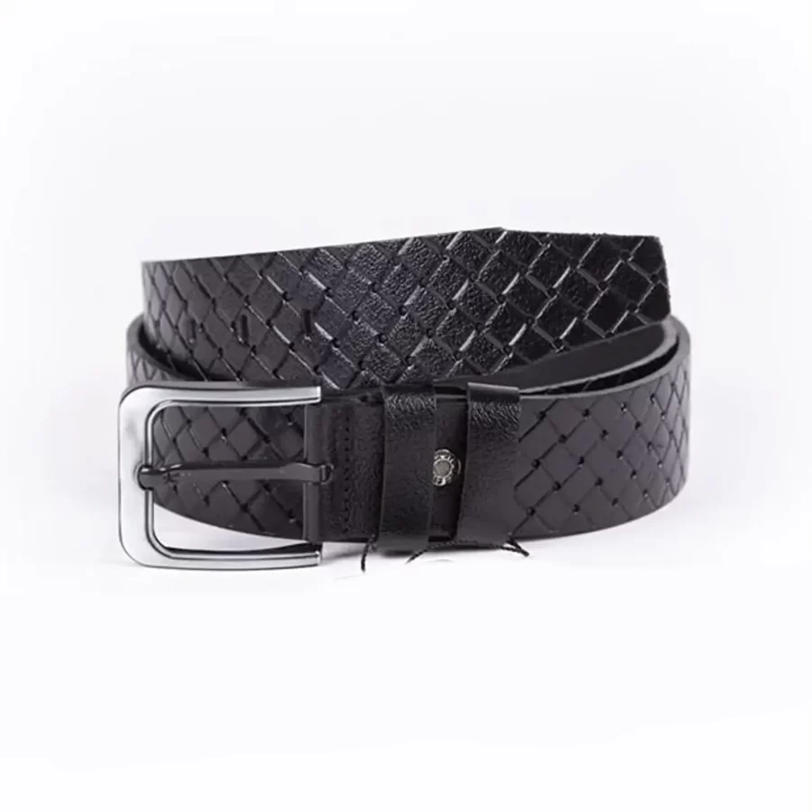 Black Mens Belt Casual Wide Woven Check Emboss Calfskin Woven Emboss Leather ST01280 2