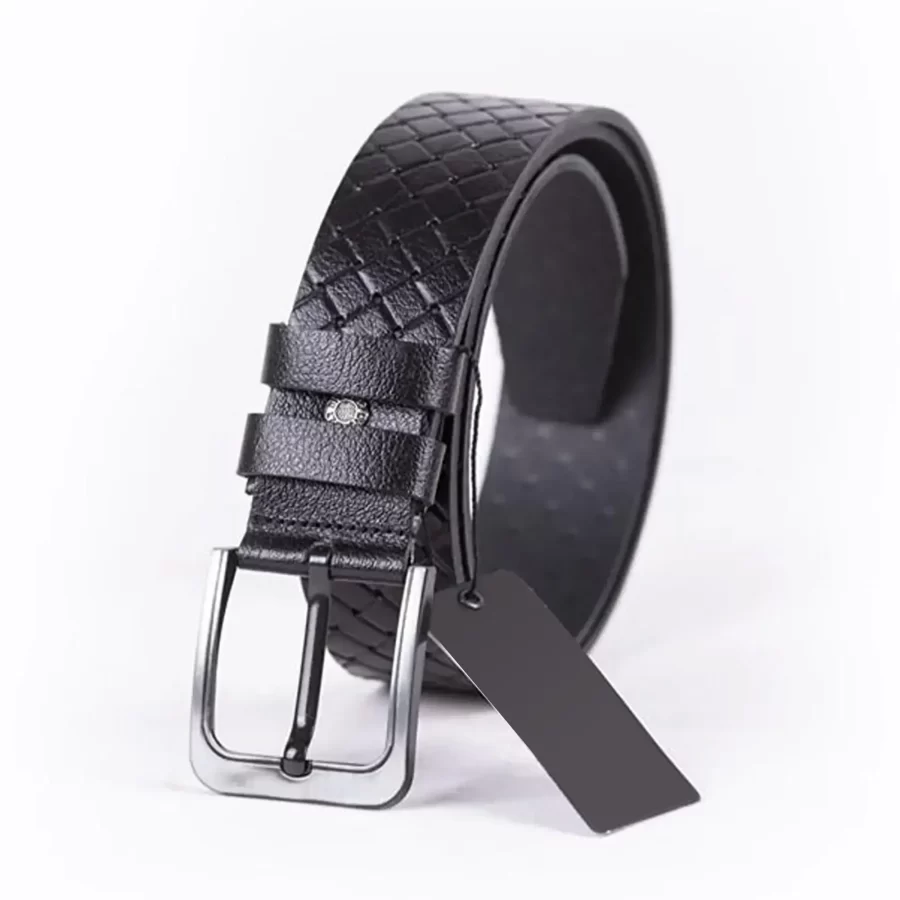 Black Mens Belt Casual Wide Woven Check Emboss Calfskin Woven Emboss Leather ST01280 3