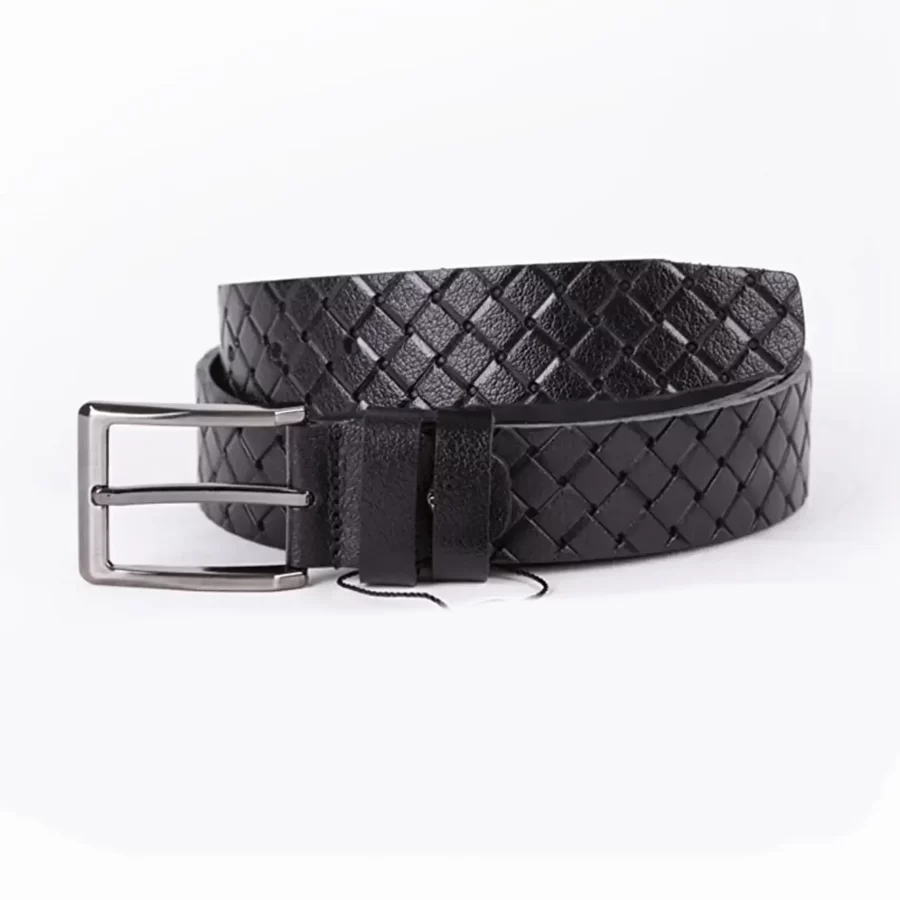 Black Mens Belt Dress Checkered Emboss Leather Woven Emboss Leather ST00788 1