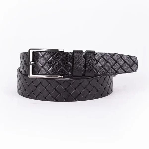 Black Mens Belt Dress Checkered Emboss Leather Woven Emboss Leather ST00788 2