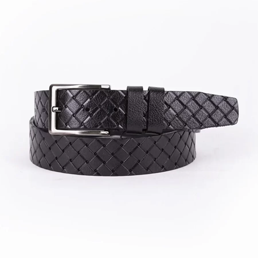 Black Mens Belt Dress Checkered Emboss Leather Woven Emboss Leather ST00788 2