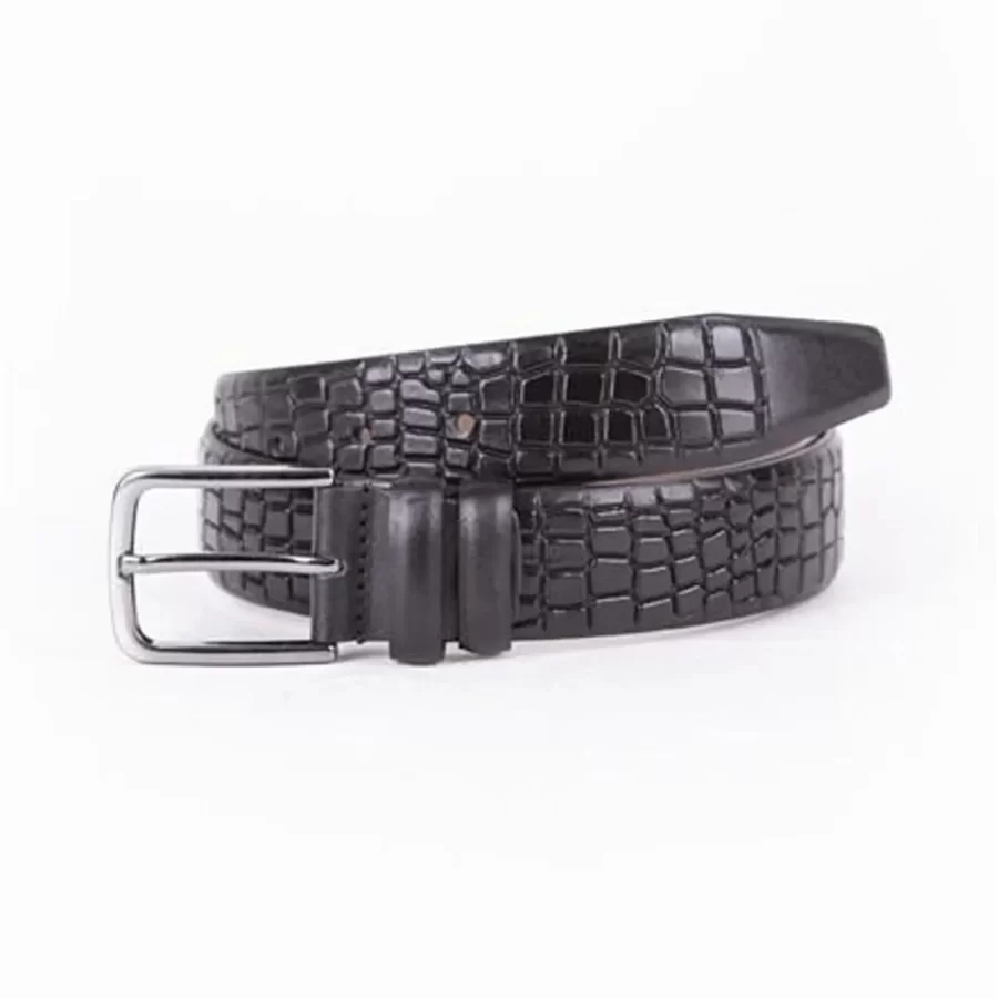 Black Mens Belt Dress Croc Embossed Calf Leather ST01517 2